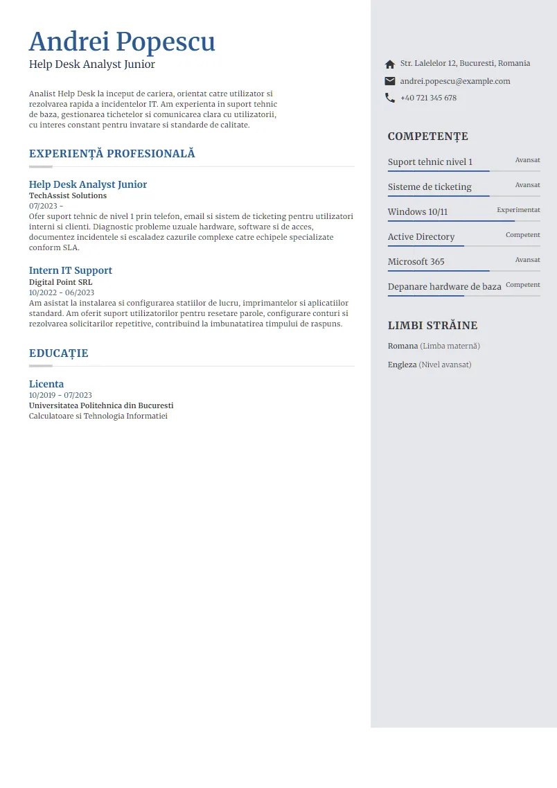 Exemplu CV Help Desk Analyst Junior - Andrei Popescu