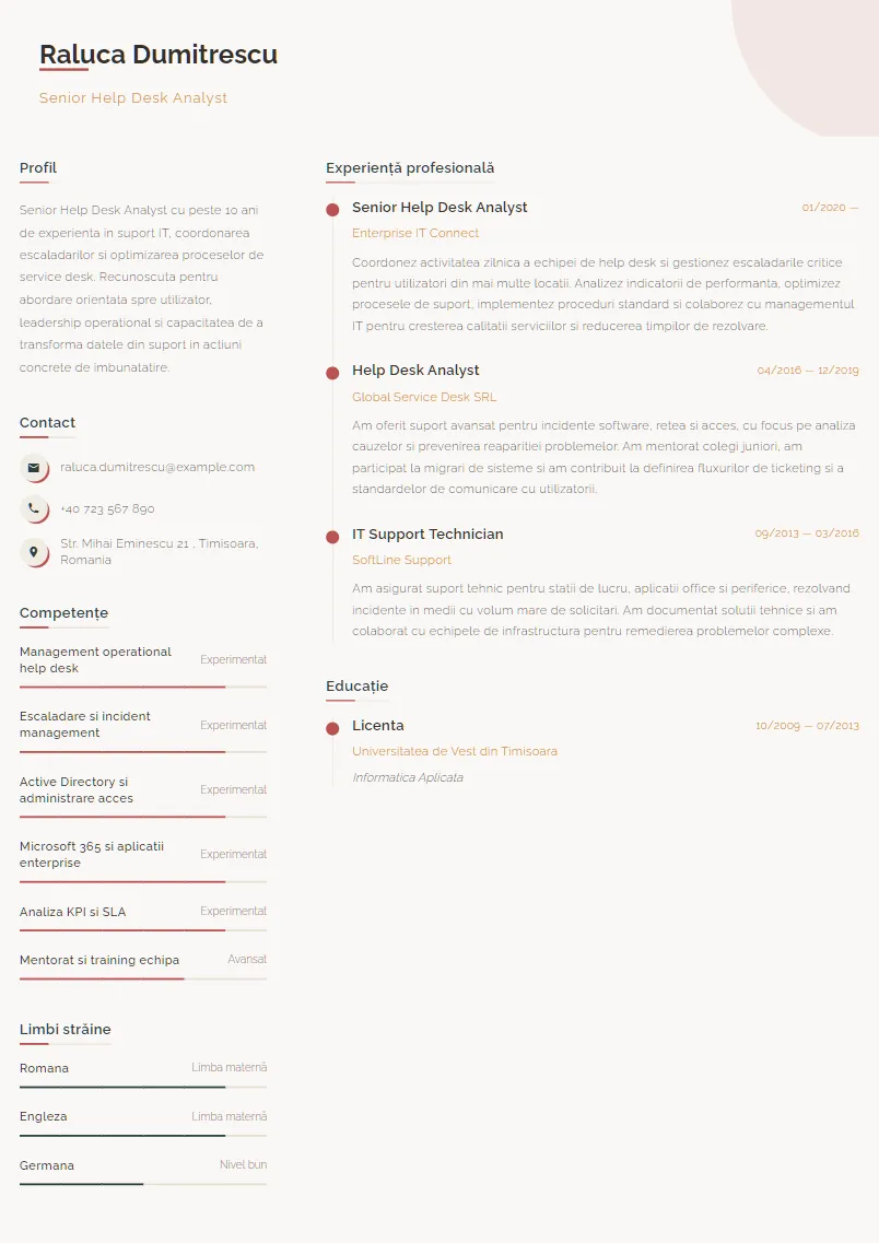 Exemplu CV Senior Help Desk Analyst - Raluca Dumitrescu