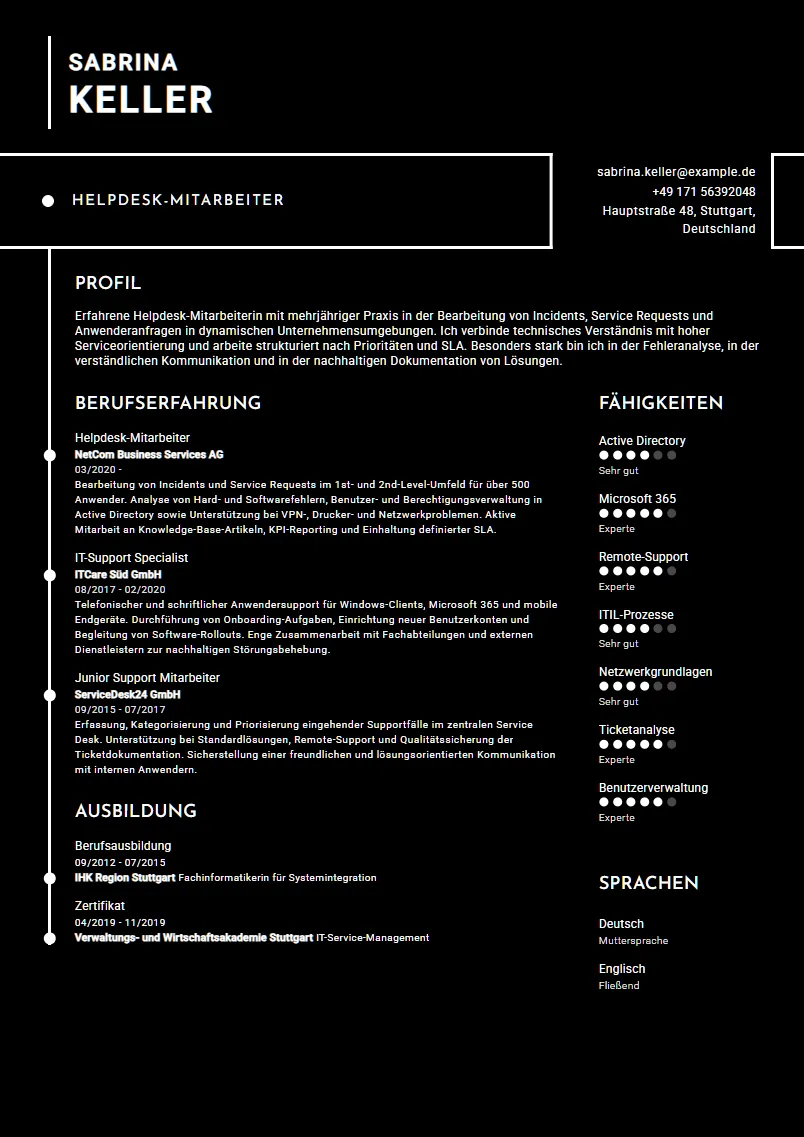 Lebenslauf Beispiel Helpdesk-Mitarbeiter - Sabrina Keller