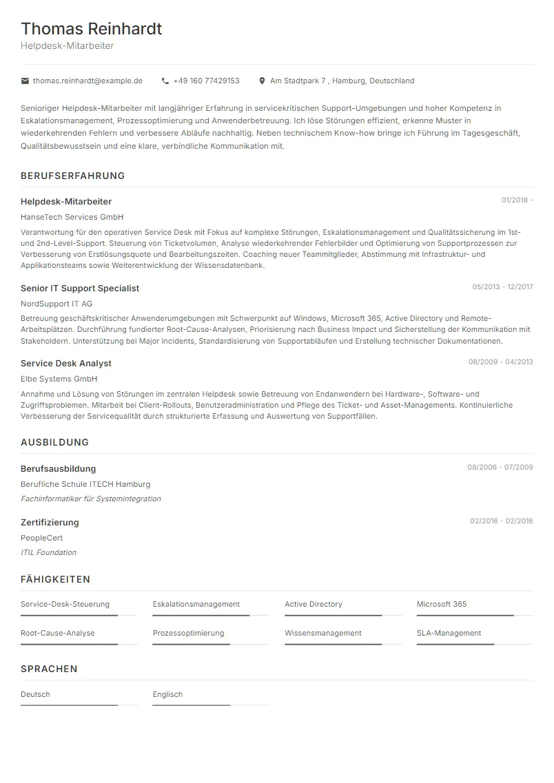 Lebenslauf Beispiel Helpdesk-Mitarbeiter - Thomas Reinhardt