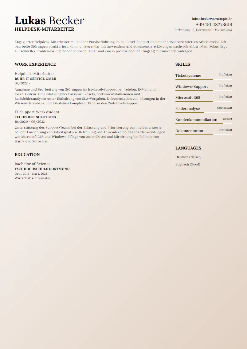 Lebenslauf Beispiel Helpdesk-Mitarbeiter - Lukas Becker