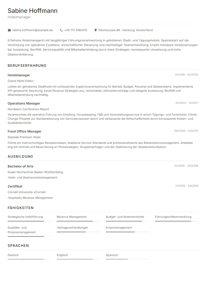 Lebenslauf Beispiel Hotelmanager - Sabine Hoffmann