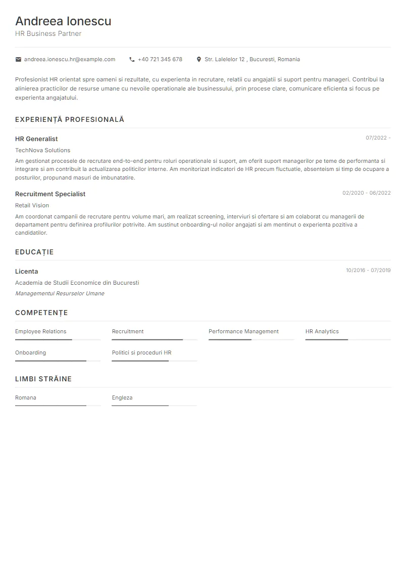 Exemplu CV HR Business Partner - Andreea Ionescu