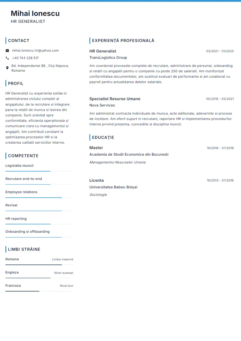 Exemplu CV HR Generalist - Mihai Ionescu