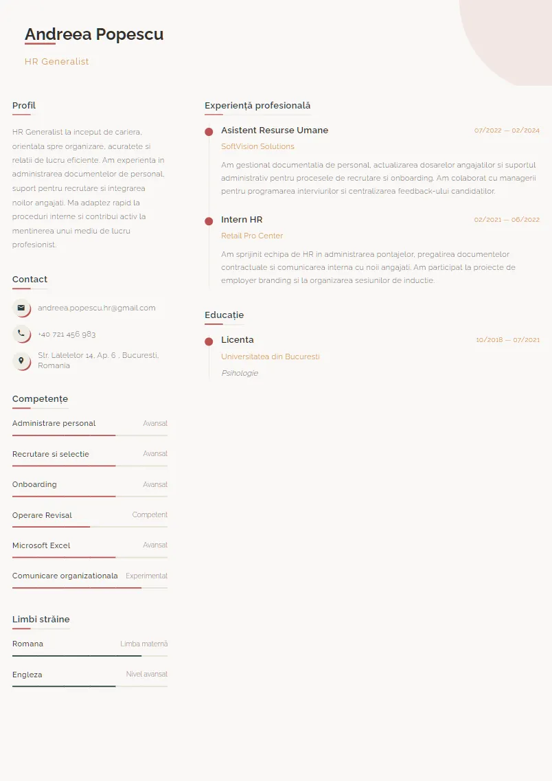 Exemplu CV HR Generalist - Andreea Popescu