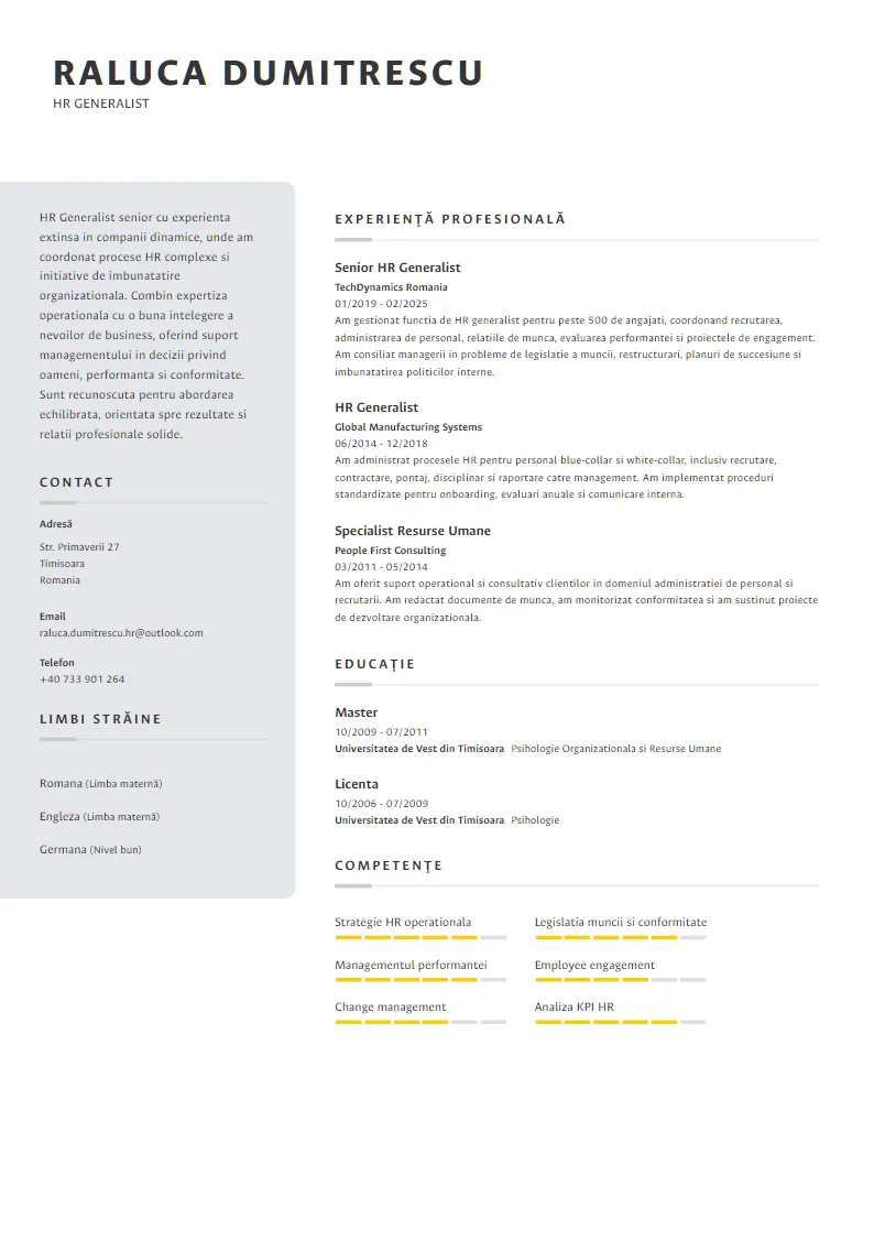 Exemplu CV HR Generalist - Raluca Dumitrescu