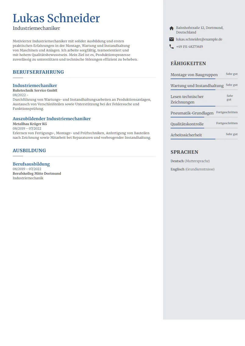 Lebenslauf Beispiel Industriemechaniker - Lukas Schneider
