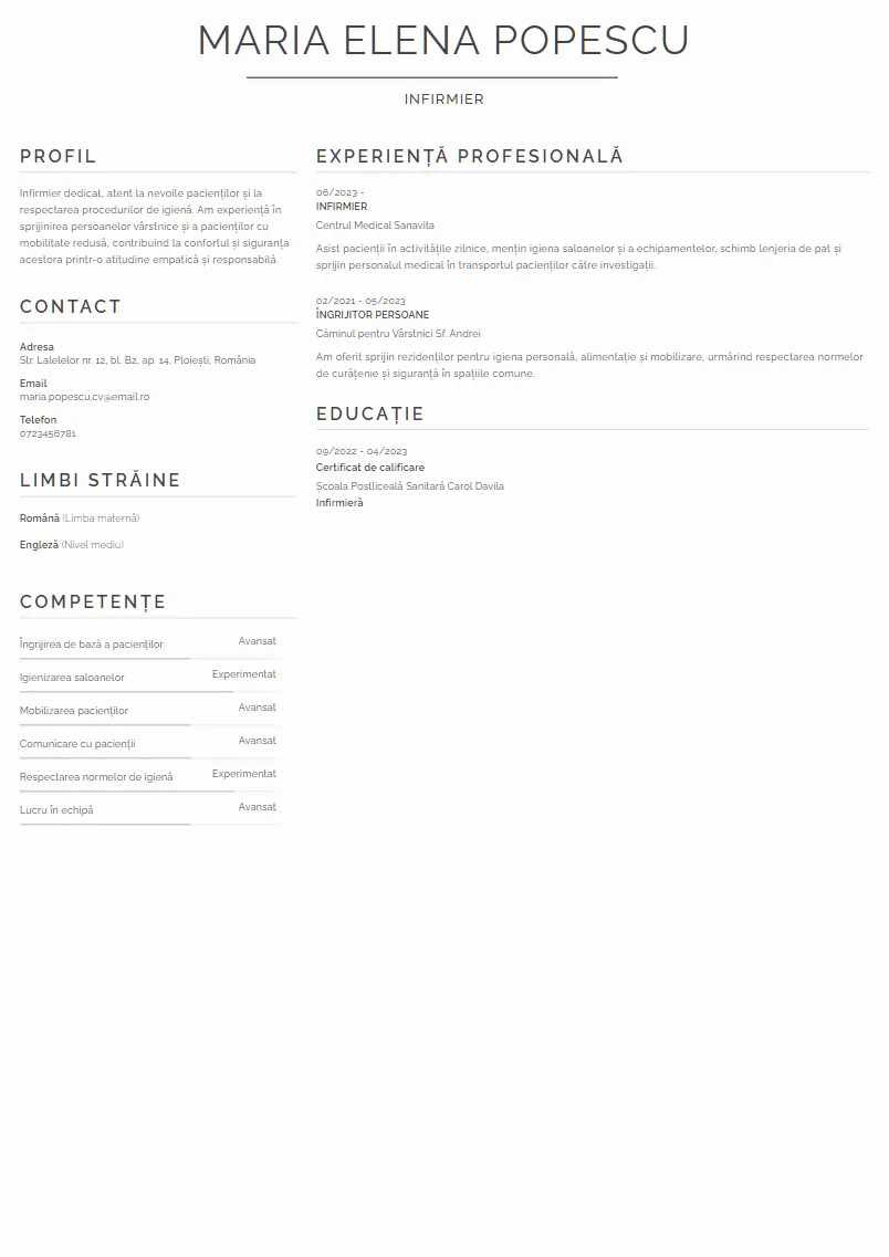 Exemplu CV Infirmier - Maria Elena Popescu