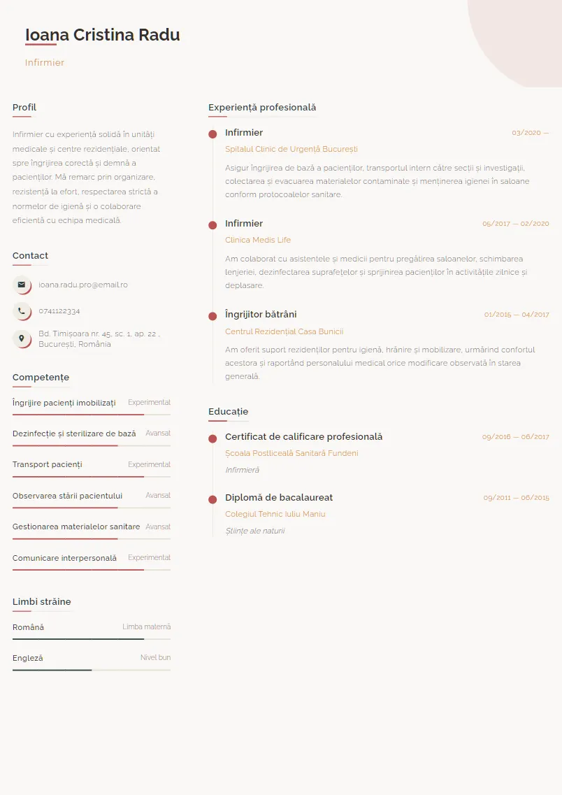 Exemplu CV Infirmier - Ioana Cristina Radu