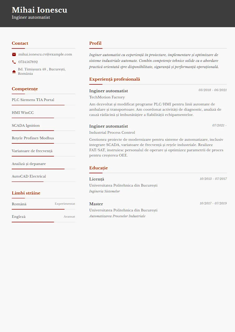 Exemplu CV Inginer automatist - Mihai Ionescu