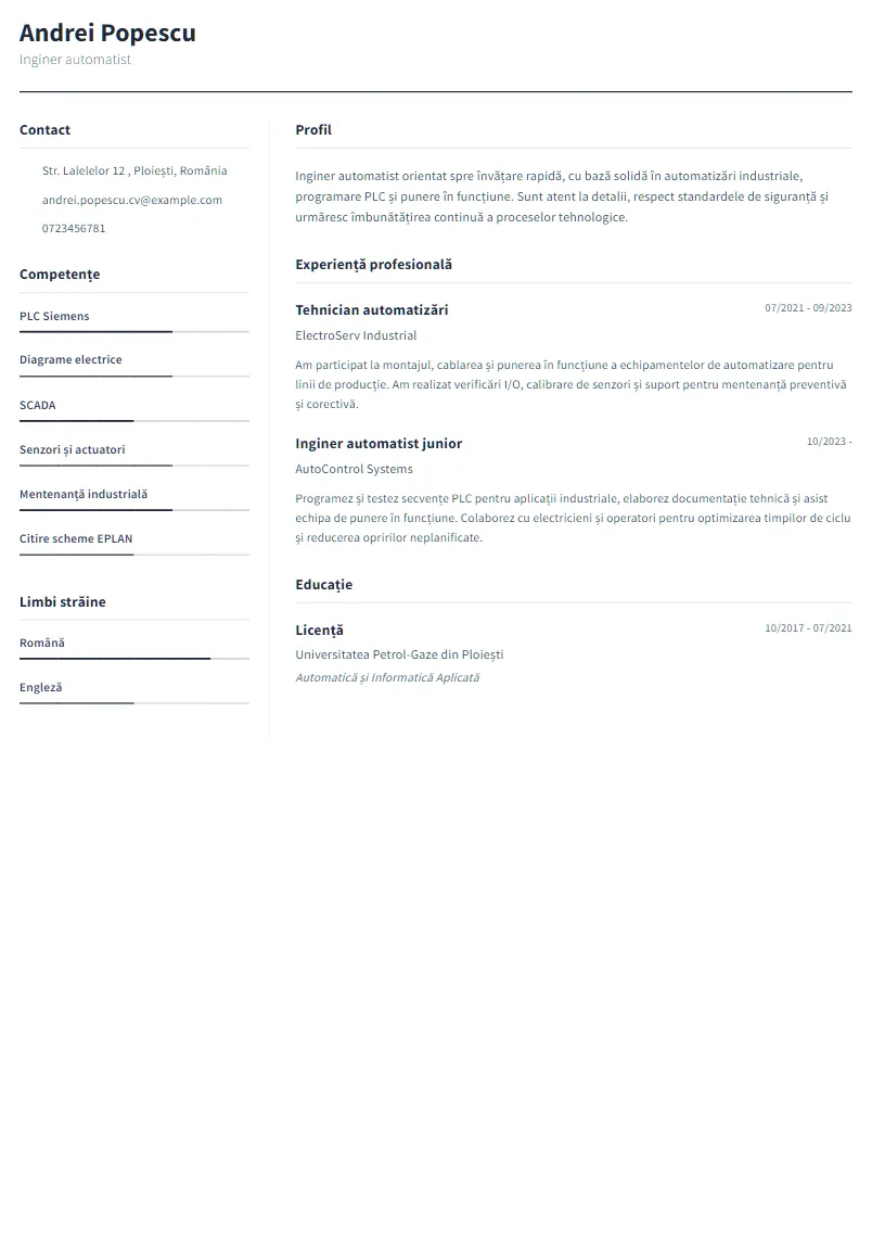 Exemplu CV Inginer automatist - Andrei Popescu