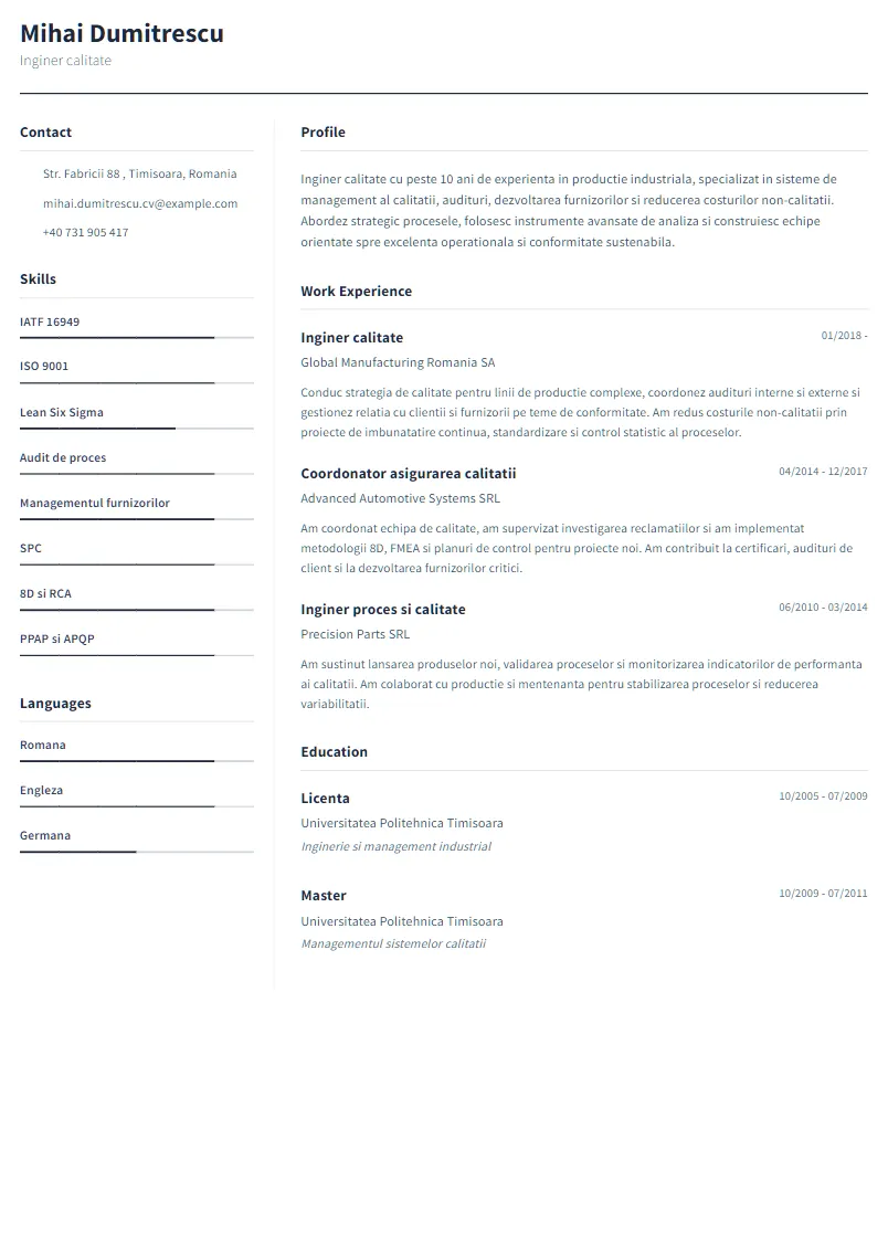 Exemplu CV Inginer calitate - Mihai Dumitrescu