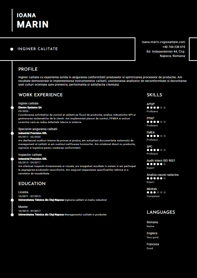 Exemplu CV Inginer calitate - Ioana Marin