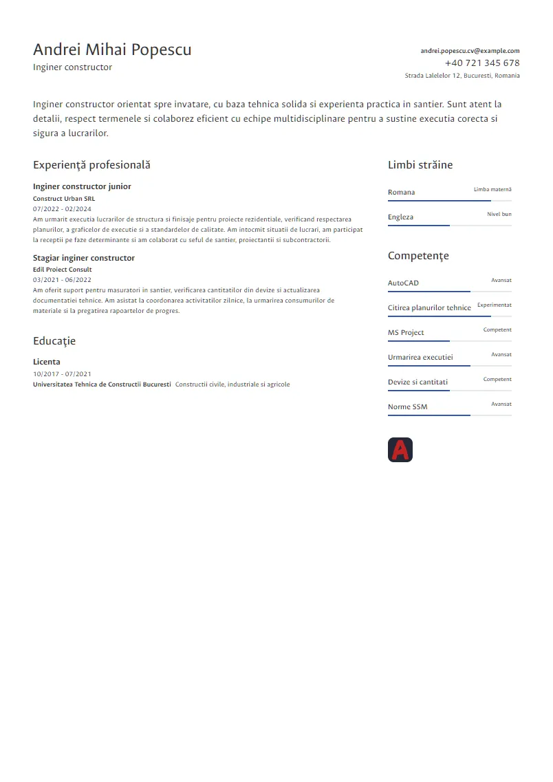 Exemplu CV Inginer constructor - Andrei Mihai Popescu