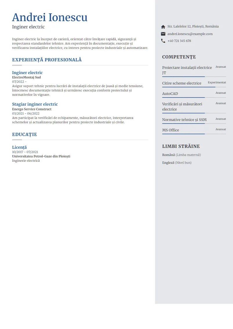 Exemplu CV Inginer electric - Andrei Ionescu
