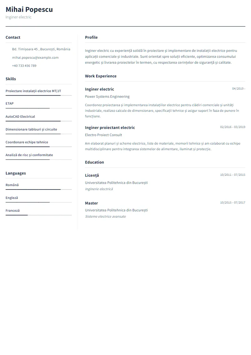 Exemplu CV Inginer electric - Mihai Popescu