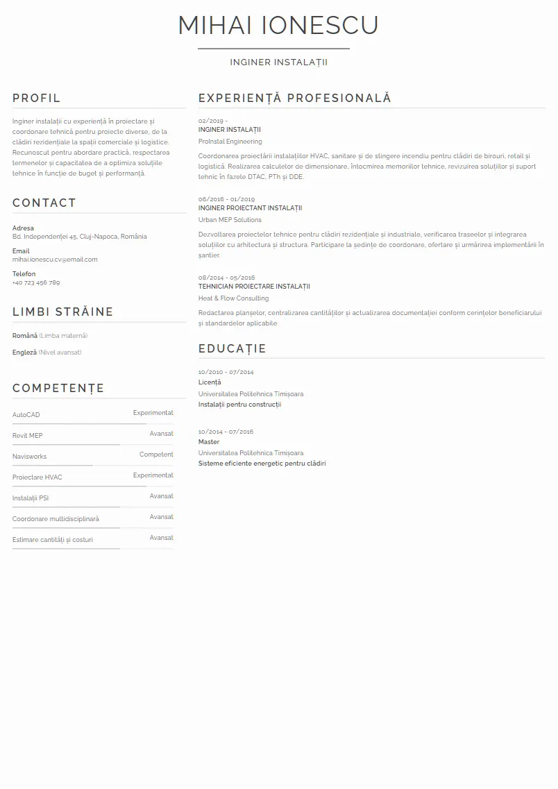 Exemplu CV Inginer instalații - Mihai Ionescu