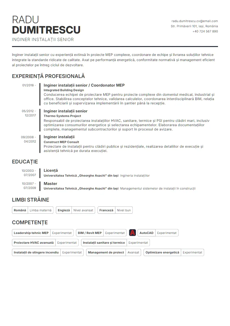 Exemplu CV Inginer instalații senior - Radu Dumitrescu