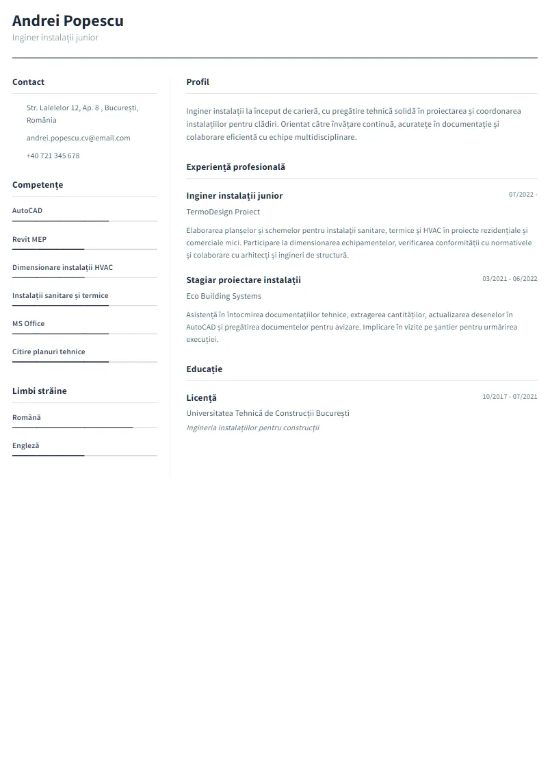 Exemplu CV Inginer instalații junior - Andrei Popescu