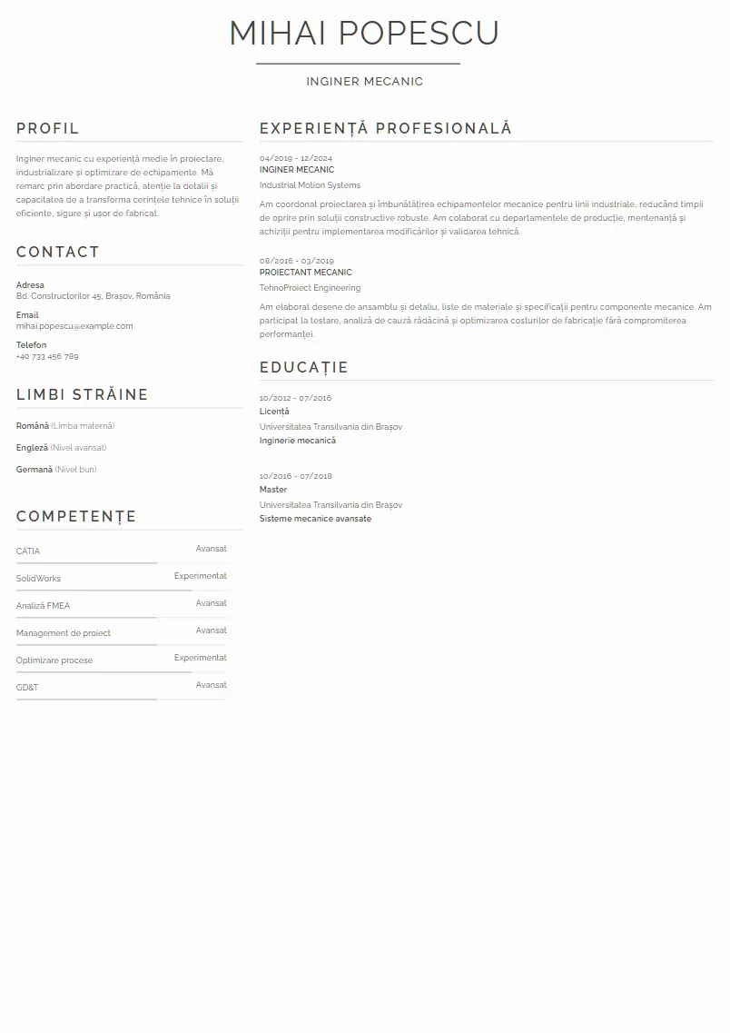 Exemplu CV Inginer mecanic - Mihai Popescu