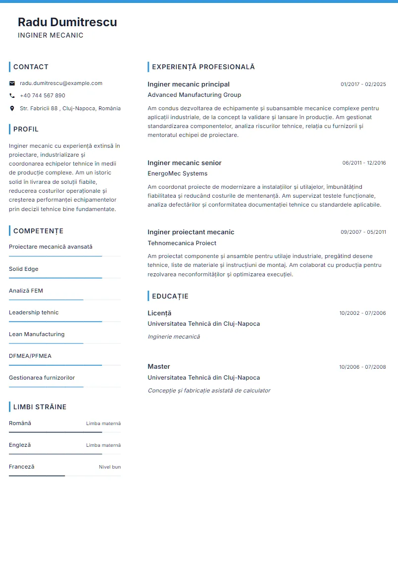 Exemplu CV Inginer mecanic - Radu Dumitrescu