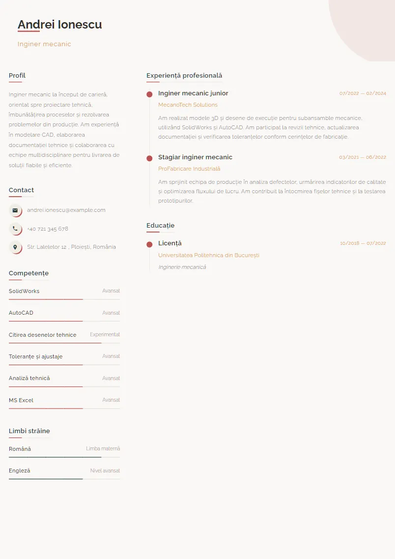 Exemplu CV Inginer mecanic - Andrei Ionescu