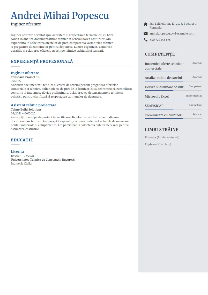 Exemplu CV Inginer ofertare - Andrei Mihai Popescu