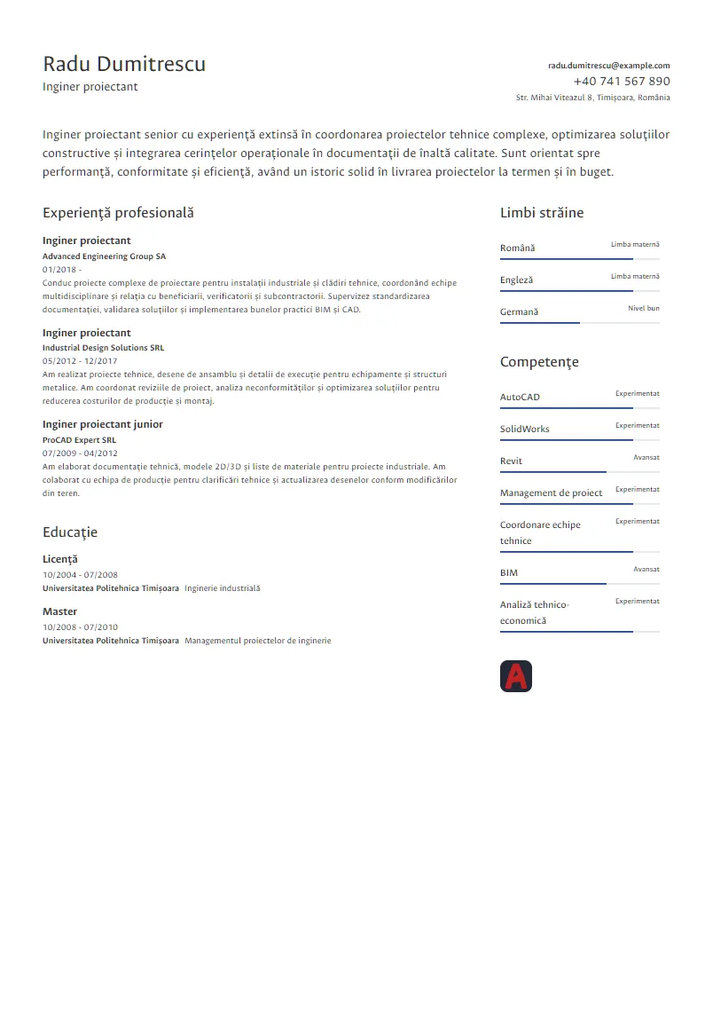 Exemplu CV Inginer proiectant - Radu Dumitrescu