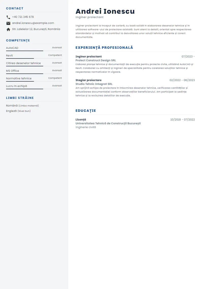 Exemplu CV Inginer proiectant - Andrei Ionescu