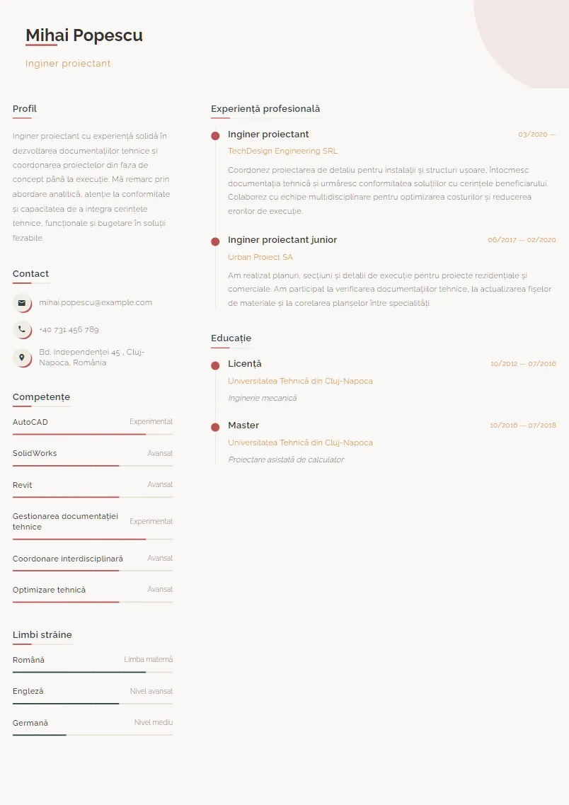 Exemplu CV Inginer proiectant - Mihai Popescu