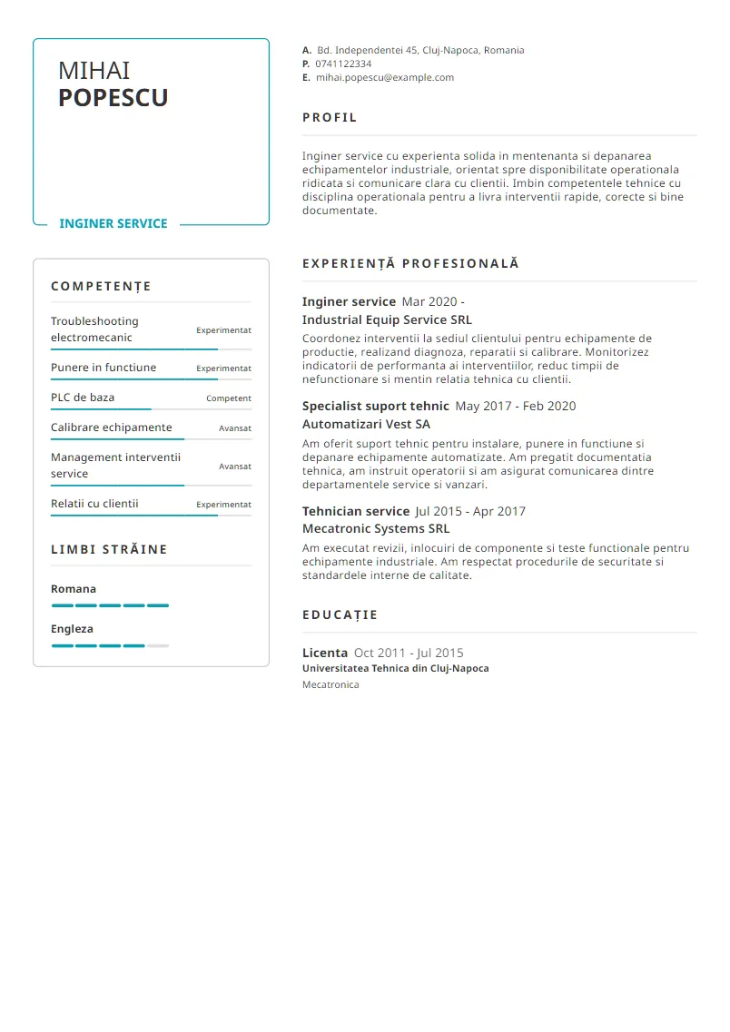 Exemplu CV Inginer service - Mihai Popescu
