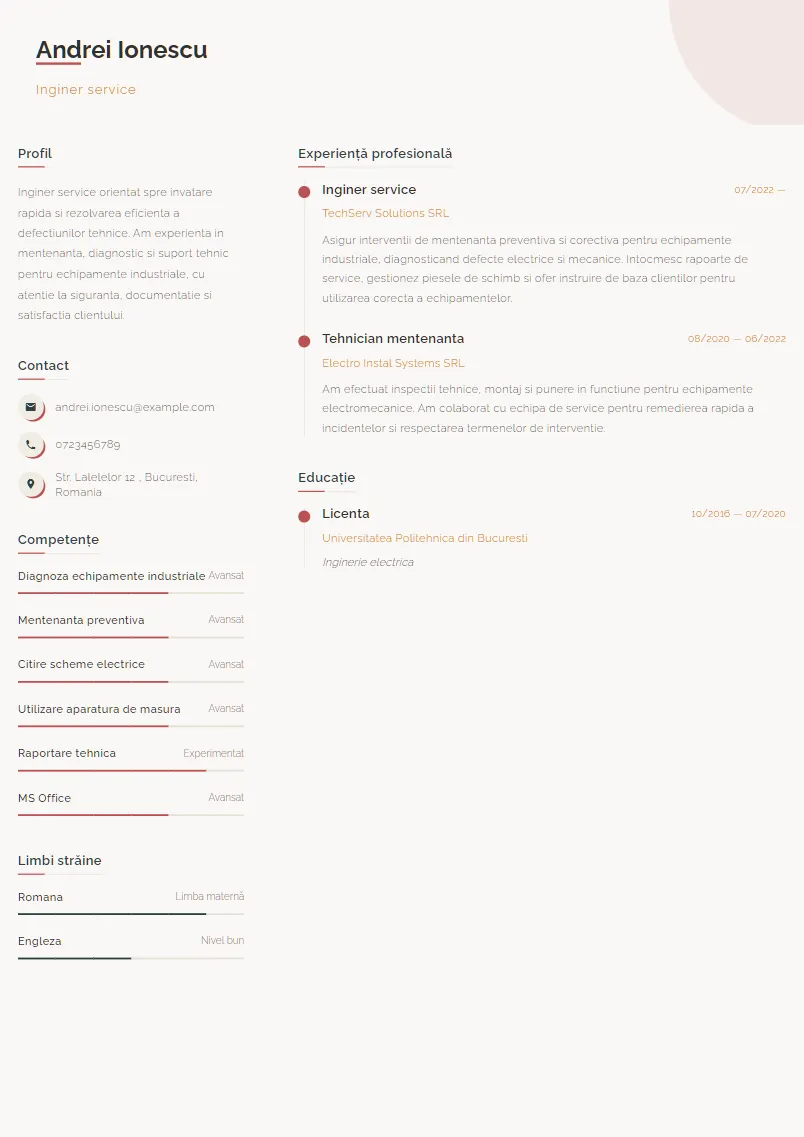 Exemplu CV Inginer service - Andrei Ionescu