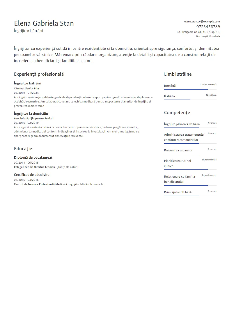 Exemplu CV Îngrijitor bătrâni - Elena Gabriela Stan