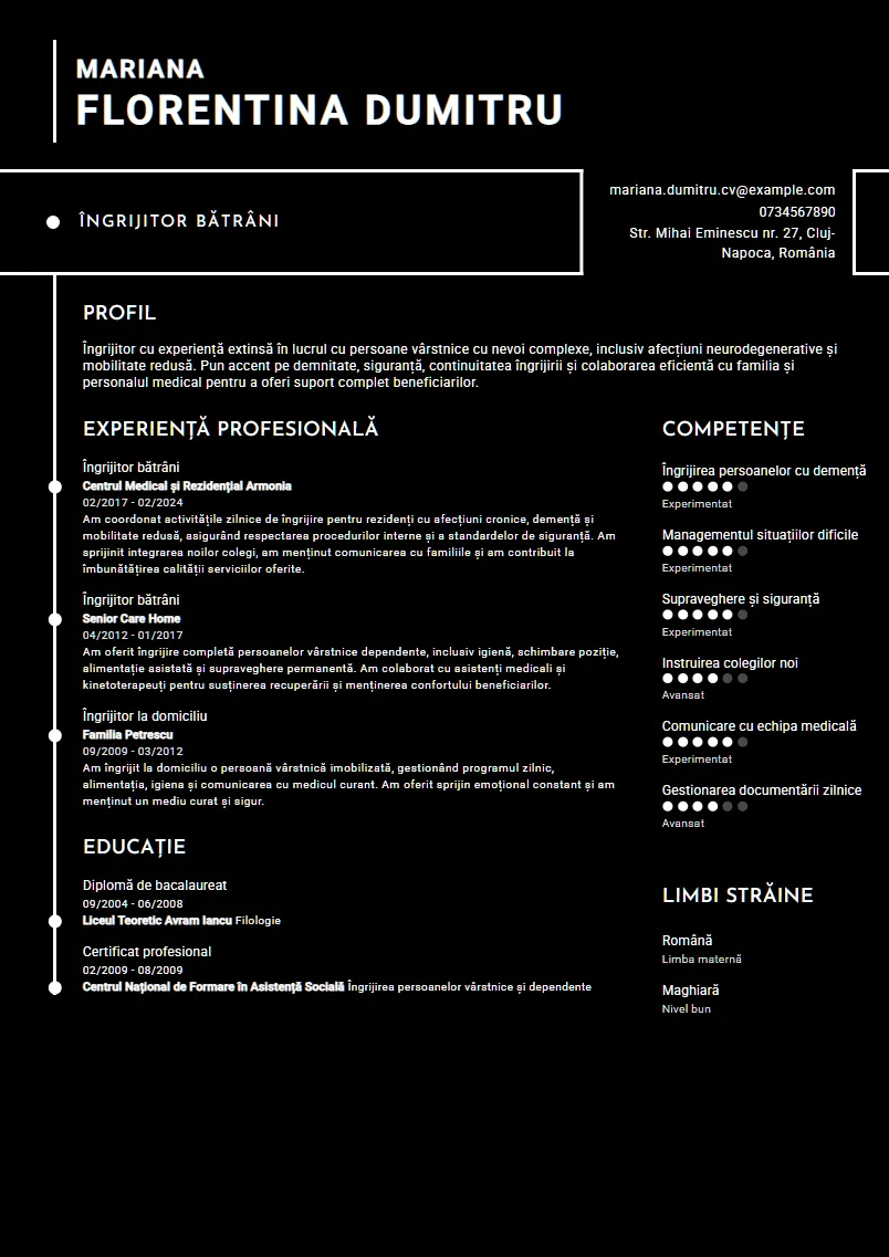 Exemplu CV Îngrijitor bătrâni - Mariana Florentina Dumitru