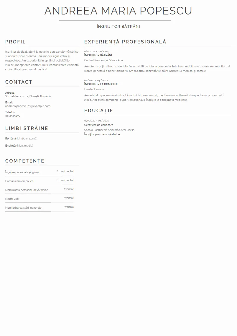 Exemplu CV Îngrijitor bătrâni - Andreea Maria Popescu