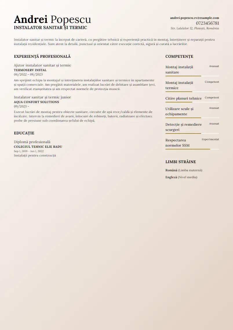 Exemplu CV Instalator sanitar și termic - Andrei Popescu
