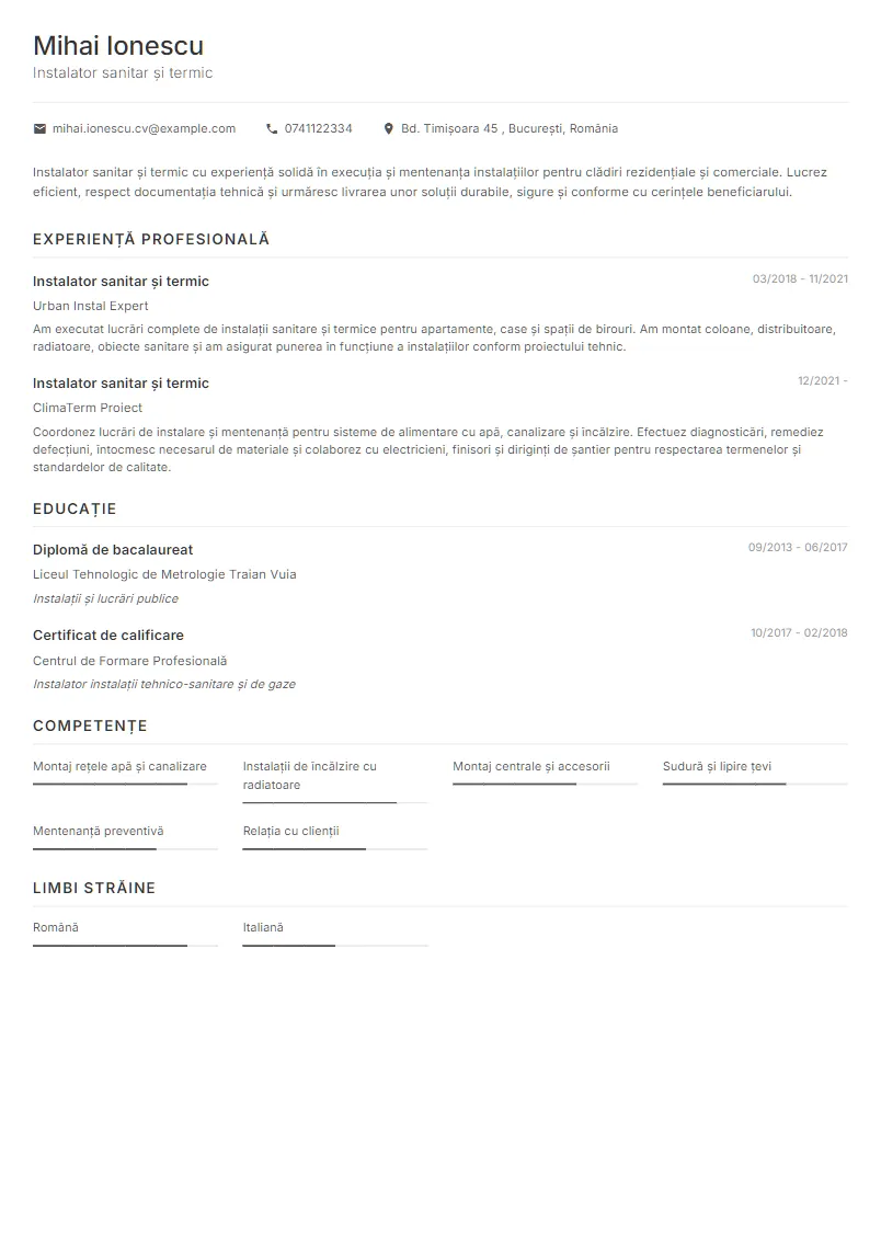 Exemplu CV Instalator sanitar și termic - Mihai Ionescu