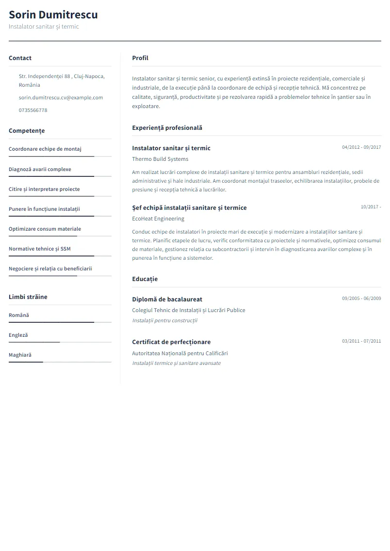 Exemplu CV Instalator sanitar și termic - Sorin Dumitrescu