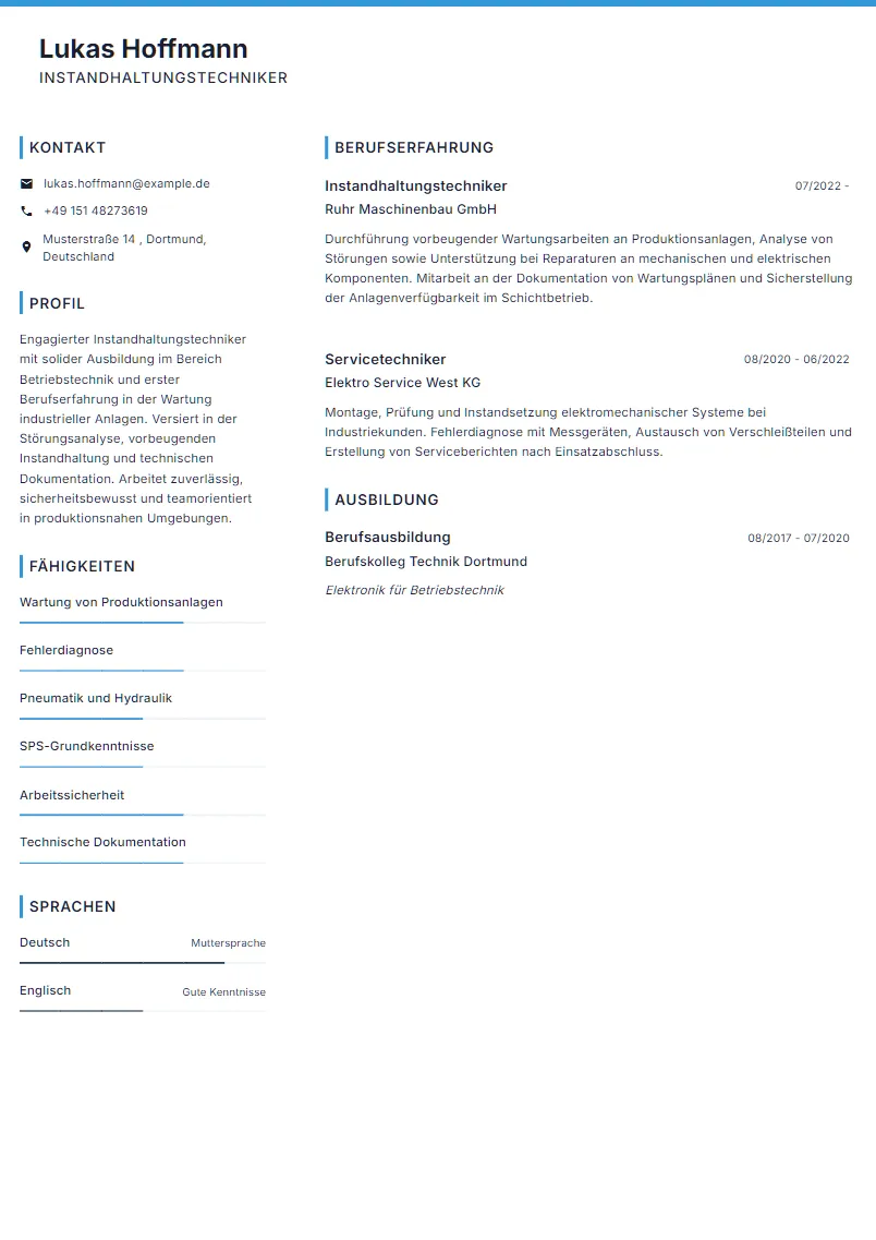 Lebenslauf Beispiel Instandhaltungstechniker - Lukas Hoffmann