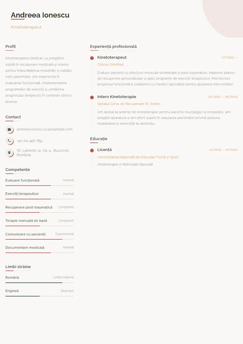 Exemplu CV Kinetoterapeut - Andreea Ionescu