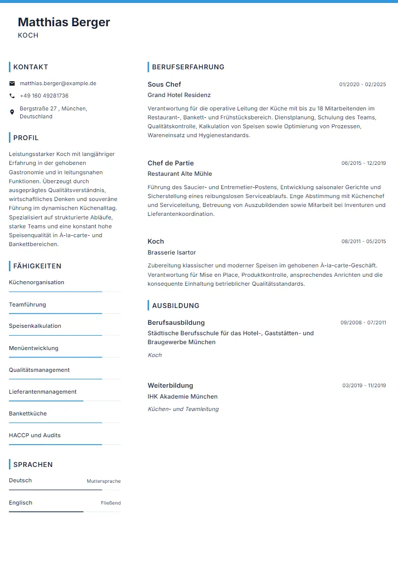 Lebenslauf Beispiel Koch - Matthias Berger
