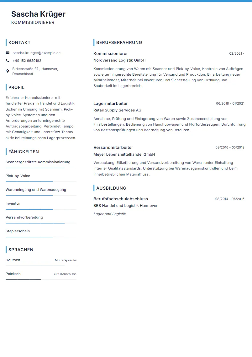 Lebenslauf Beispiel Kommissionierer - Sascha Krüger