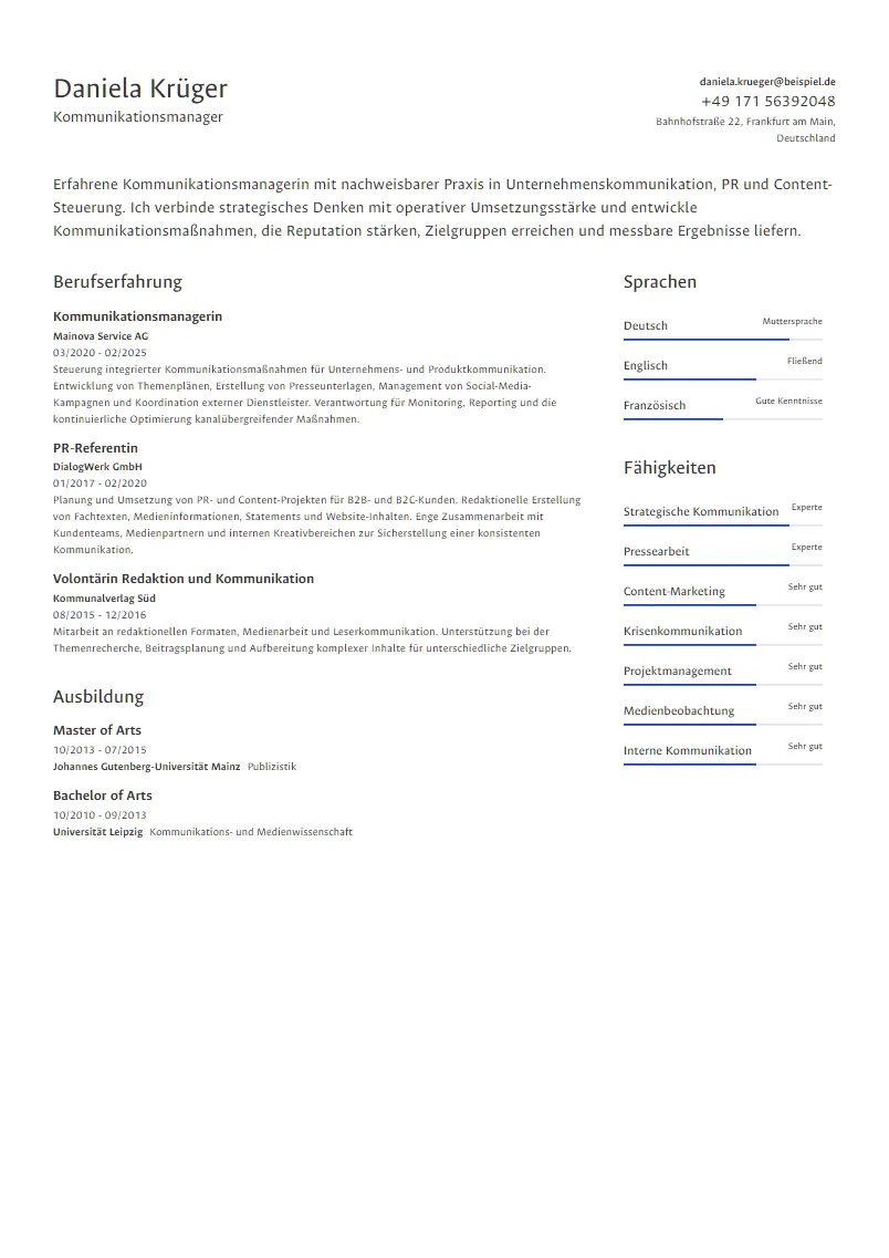 Lebenslauf Beispiel Kommunikationsmanager - Daniela Krüger