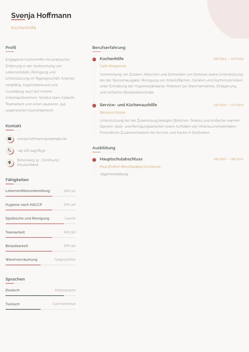 Lebenslauf Beispiel Küchenhilfe - Svenja Hoffmann