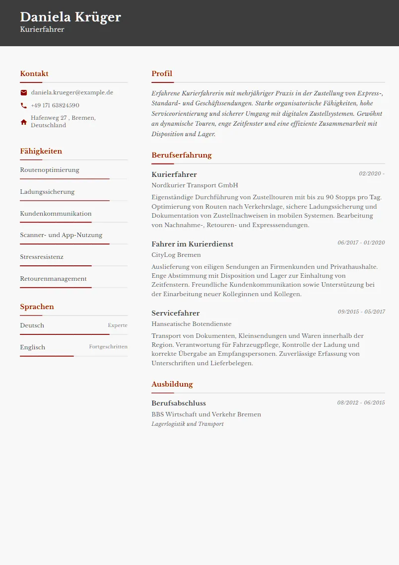 Lebenslauf Beispiel Kurierfahrer - Daniela Krüger