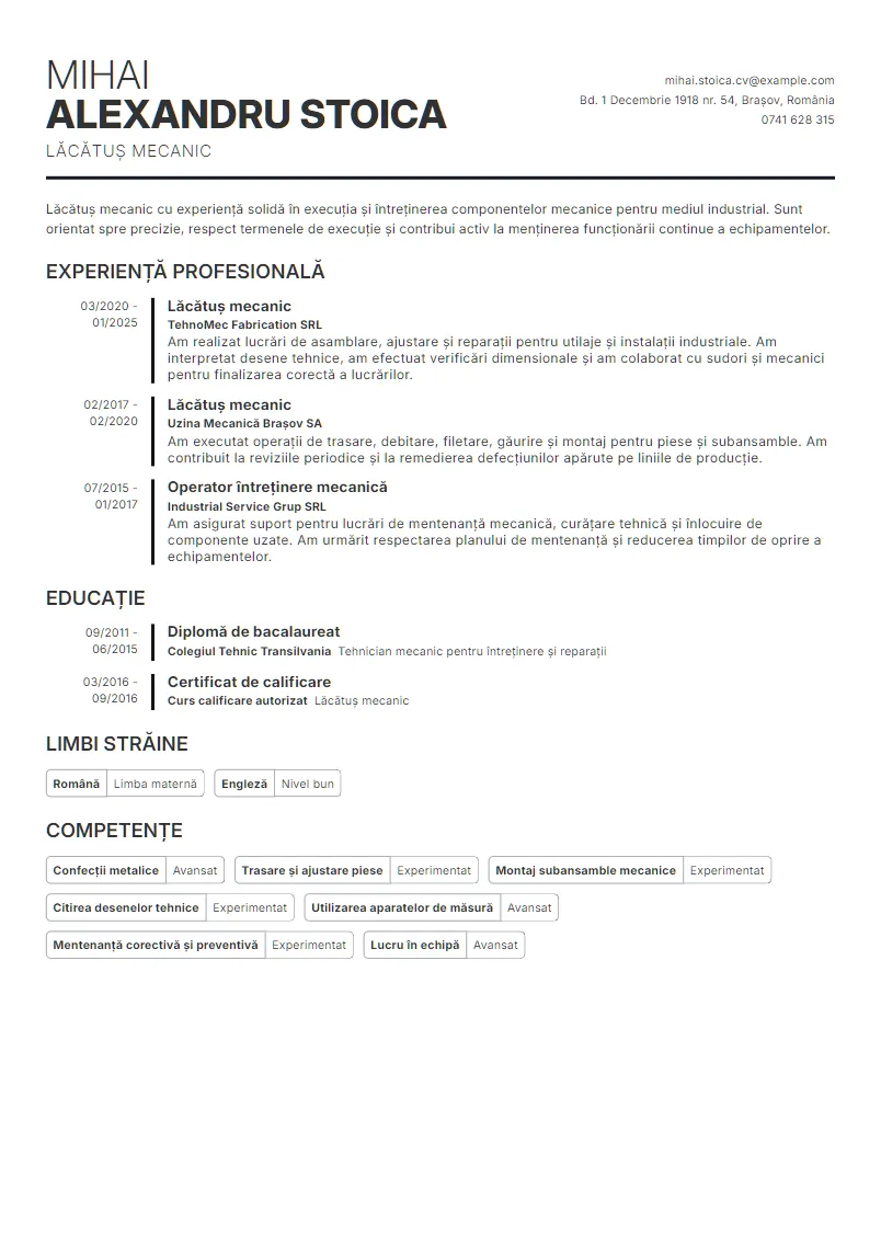 Exemplu CV Lăcătuș mecanic - Mihai Alexandru Stoica