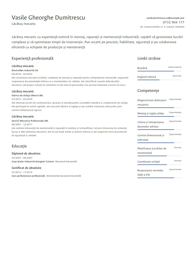 Exemplu CV Lăcătuș mecanic - Vasile Gheorghe Dumitrescu