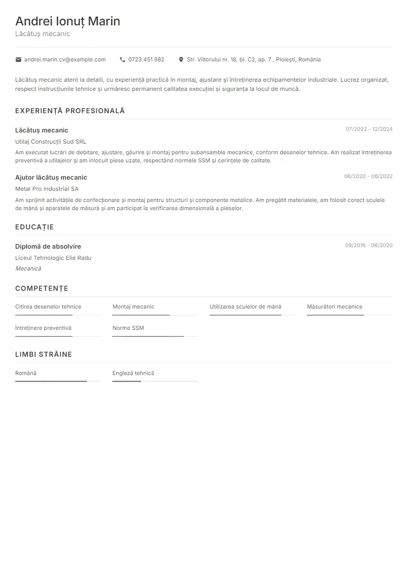 Exemplu CV Lăcătuș mecanic - Andrei Ionuț Marin