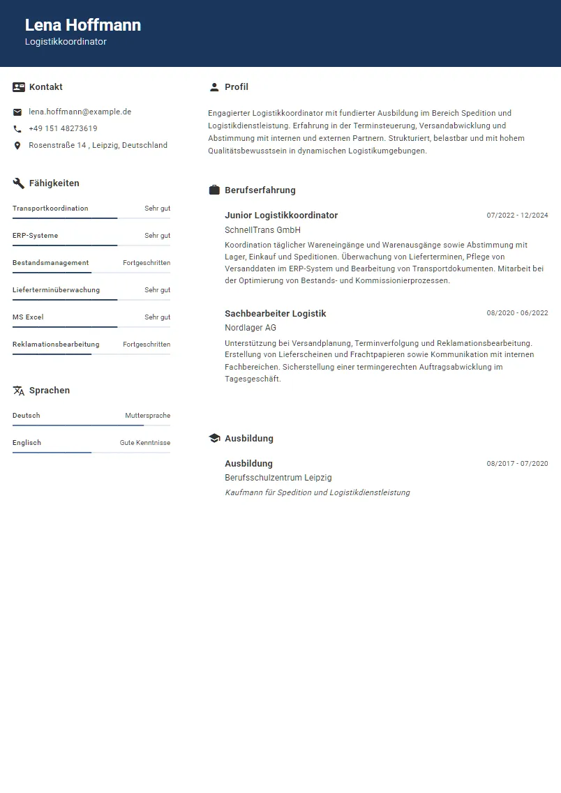 Lebenslauf Beispiel Logistikkoordinator - Lena Hoffmann