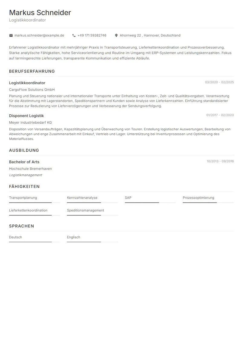 Lebenslauf Beispiel Logistikkoordinator - Markus Schneider